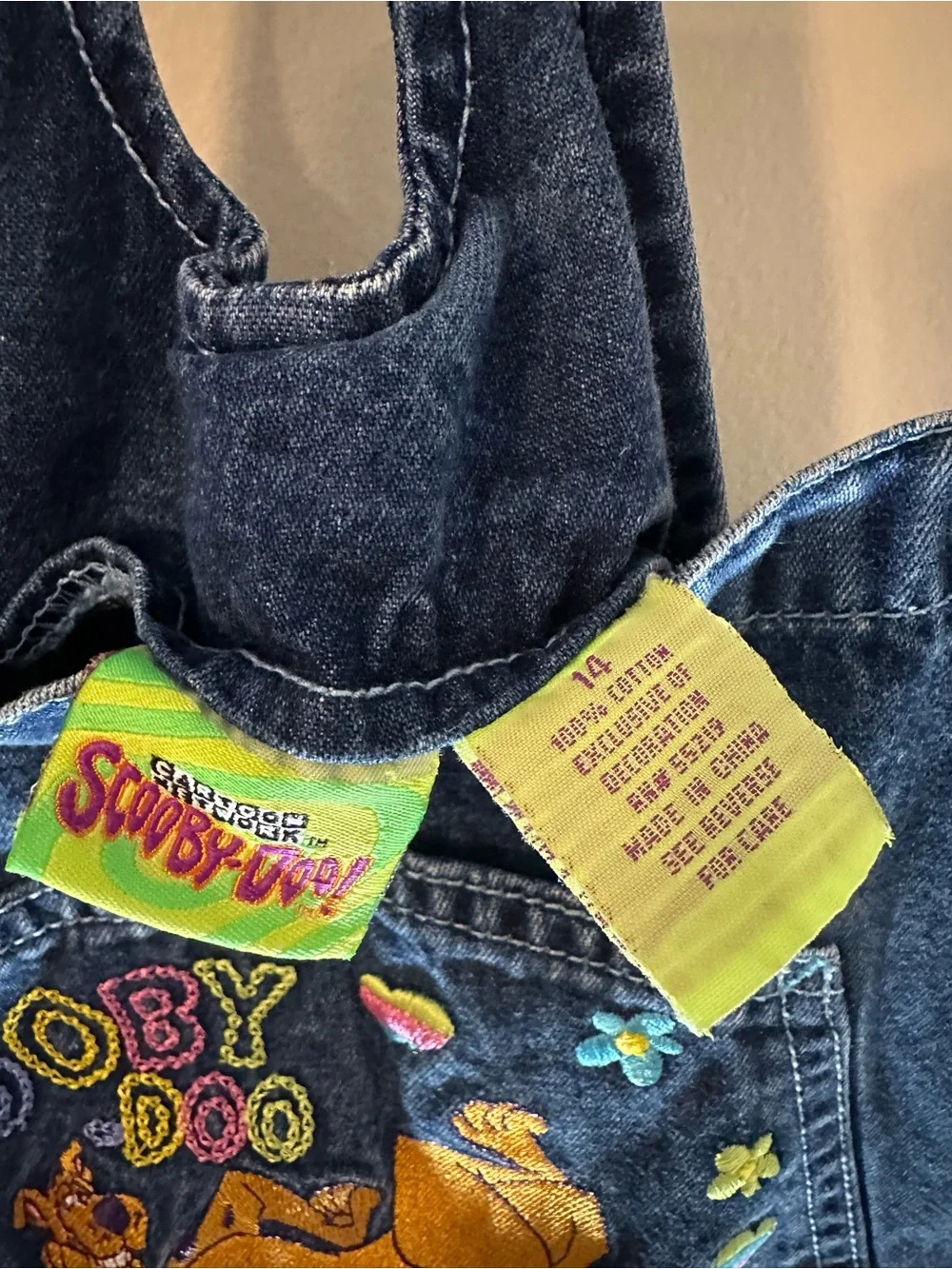 Y2K 2002 Scooby Doo Girls Size 14 Denim Overalls Embroidered  Cartoon Network - Picture 7 of 9